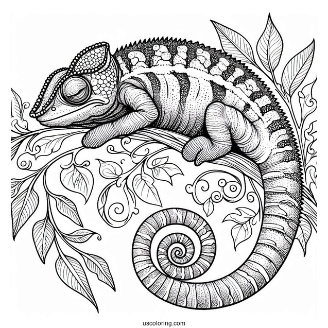 Lizard Coloring Page of Chameleon With Curled Tail Sleeping