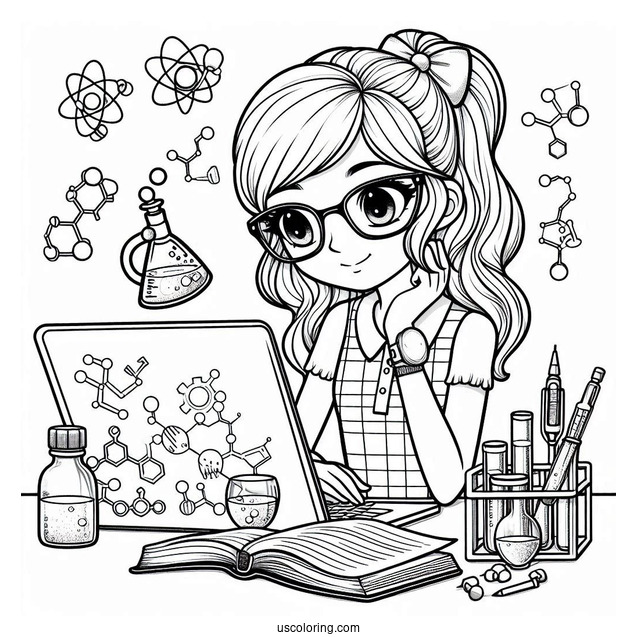 Nerdy Girl Studying Science Coloring Page On Her Laptop For Kids