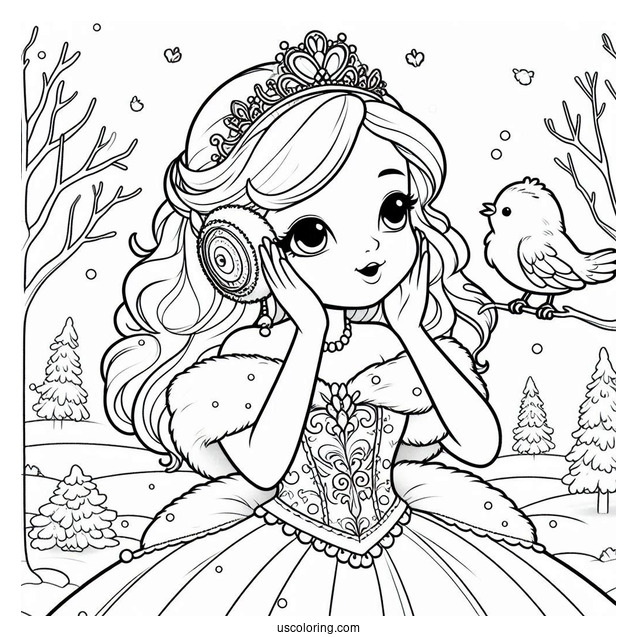 Princess Coloring Page Of Listening To A Bird In Winter