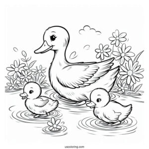 Ducklings Following Mom In The Pond