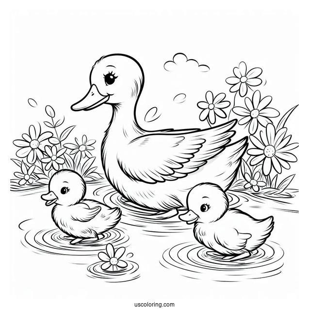 Ducklings Following Mom In The Pond