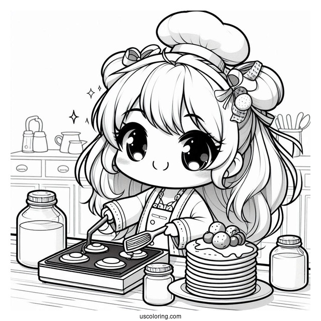 Energetic Chibi Coloring Page Chef Flipping Pancakes in a Cozy Kitchen