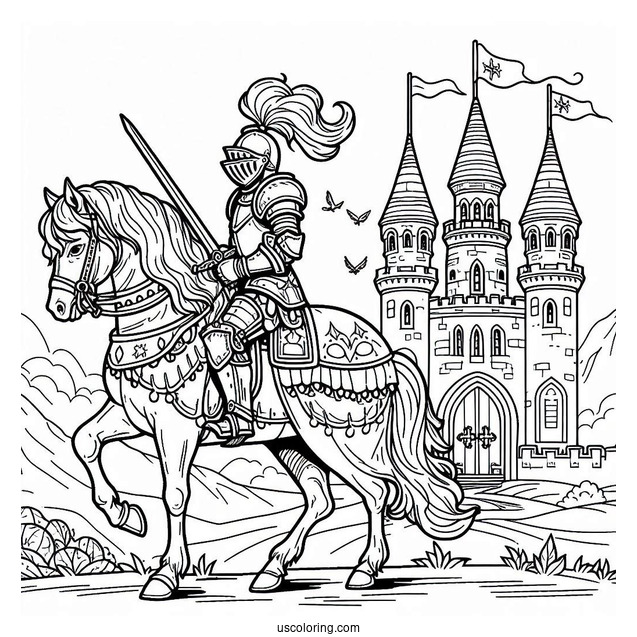 Knight On A Horse Leaving Castle Coloring Sheet