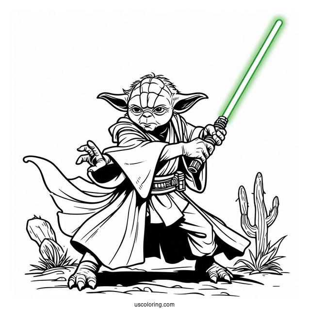 Yoda Fighting With Lightsaber Coloring In For Kids