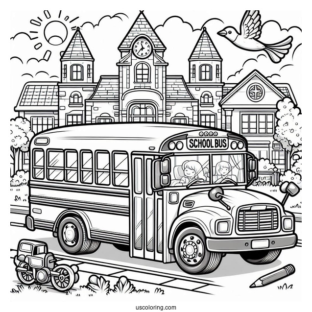 School Bus Driving Past Elementary School