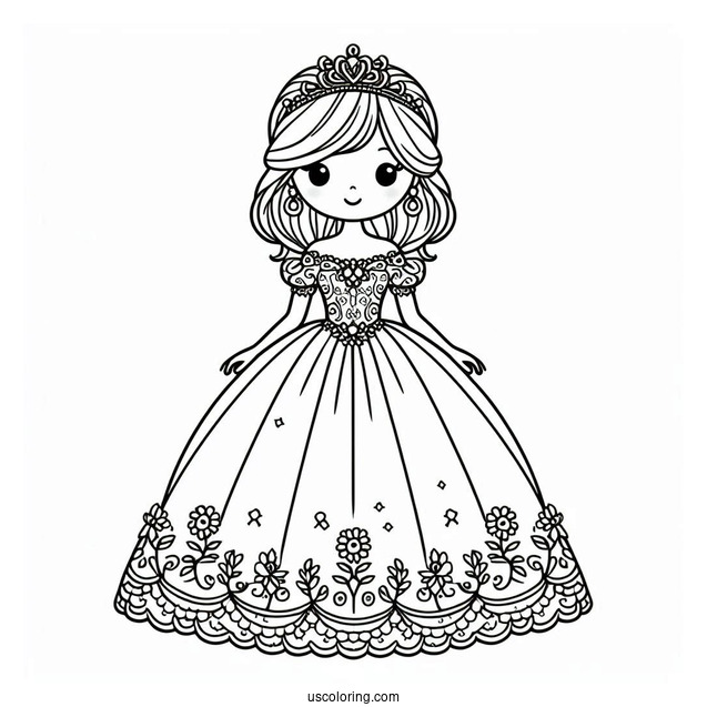 Easy Princess Daisy Coloring Page In Gown For Kids