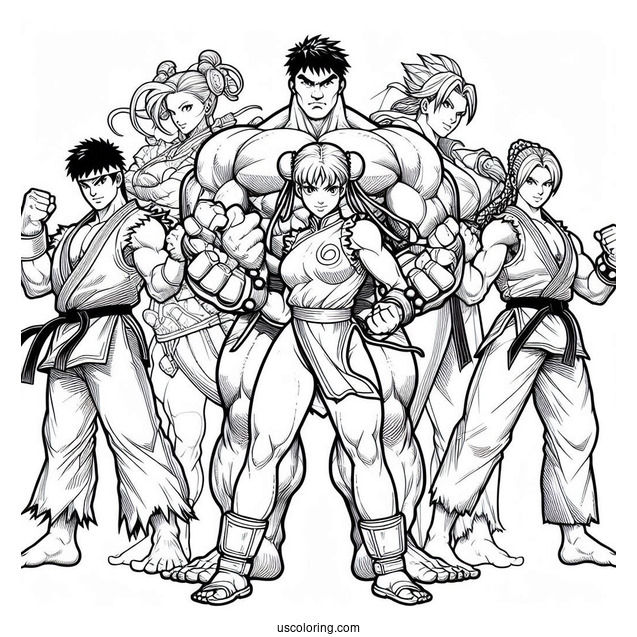 Street Fighter Coloring Page Of Ryu, Lucia, Chun Li, Urien, Rose, And M Bison