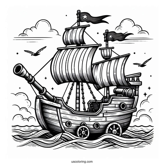 Wooden Pirate Ship With Canon To Color