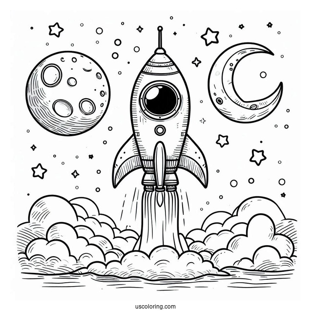 Rocket On The Moon With Astronaut Coloring Page For Kids