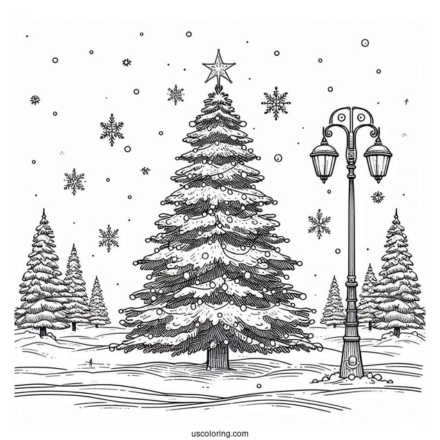 Christmas Tree In The Snow With Lamp Posts