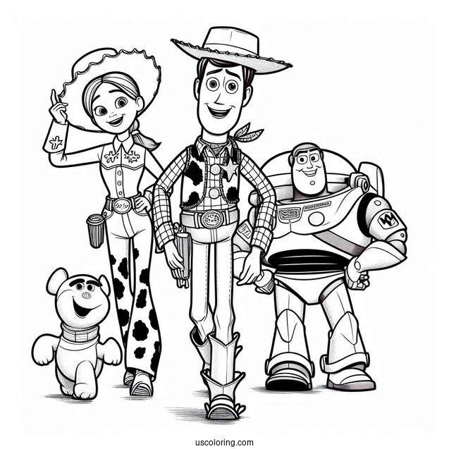 Pixar Coloring Page of Toy Story Woody, Buzz, And Jessie With Friends