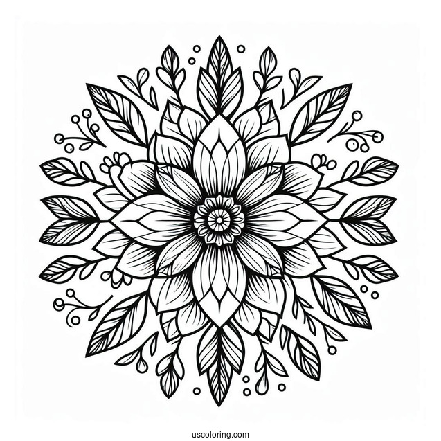Circle Flower Mandala With Leaves Coloring Page