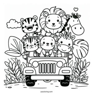 Jungle Coloring Page Of Kawaii Elephant, Lion, Zebra, Hippo, And Giraffe In Jeep For Preschoolers