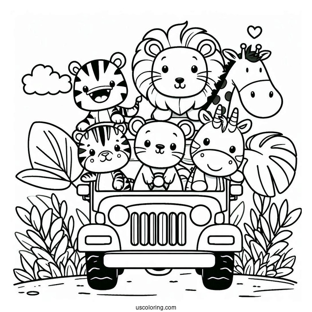 Jungle Coloring Page Of Kawaii Elephant, Lion, Zebra, Hippo, And Giraffe In Jeep For Preschoolers