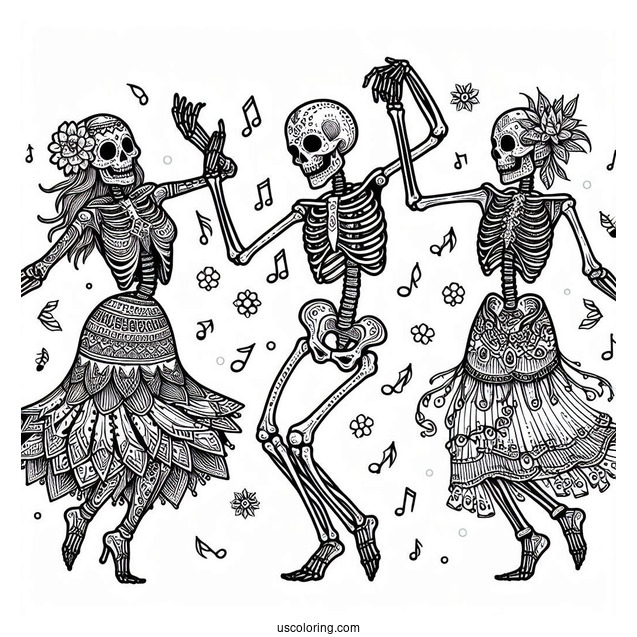 Detailed Adult Skeleton Coloring Page Dancing