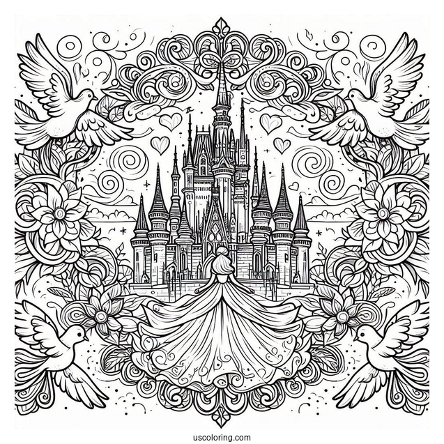 Fantastical Cinderella Mandala With A Castle And Doves