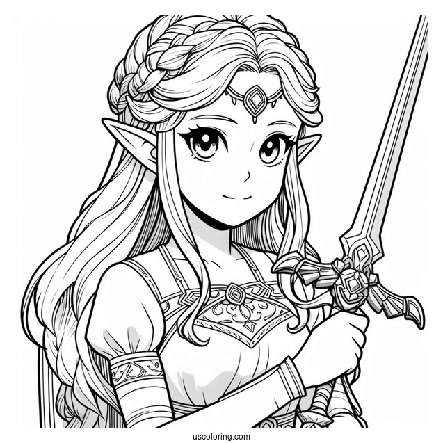 Princess Coloring Page Of Realistic Princess Zelda Holding Sword