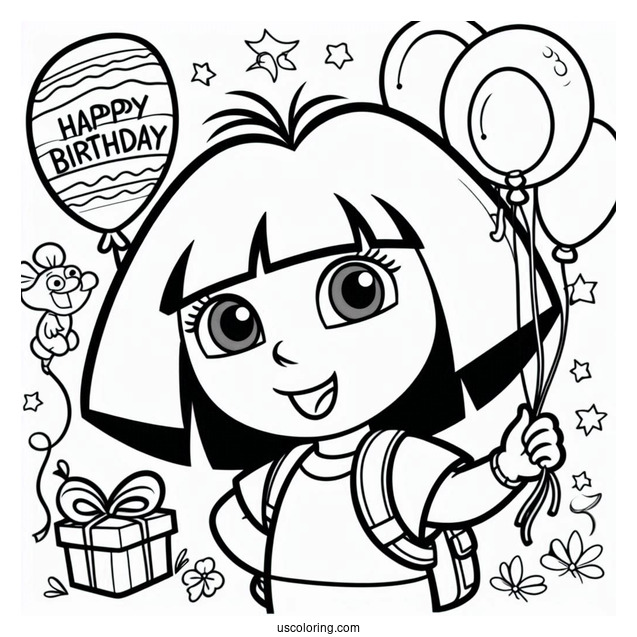 Dora Holding Happy Birthday Balloons To Color