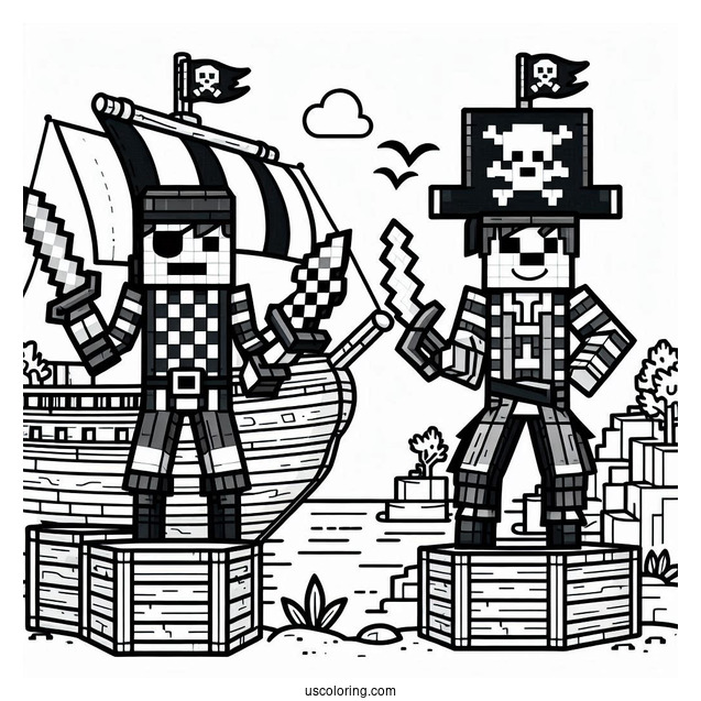 Easy Minecraft Pirate Ship Coloring Page With Two Pirates For Kids