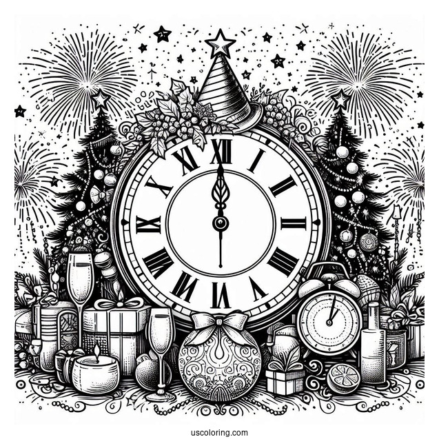Large Party With A Massive Clock Striking Twelve On The New Year Coloring Page