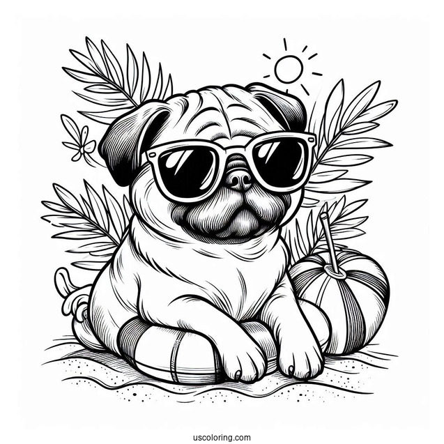 Cool Pug Coloring Page Wearing Sunglasses on a Tropical Vacation