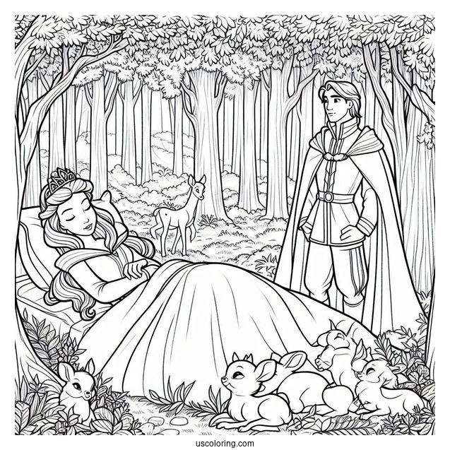Sleeping Beauty Coloring Page Of Prince Philip Watching Aurora With The Animals In The Forest