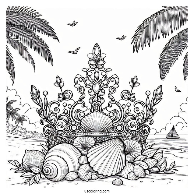Seashell Crown Coloring Page on a Tropical Beach