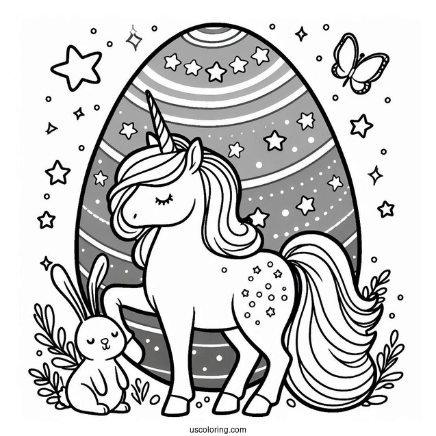 Unicorn Standing on Easter Egg Coloring Page With Stars and Bunnies v2