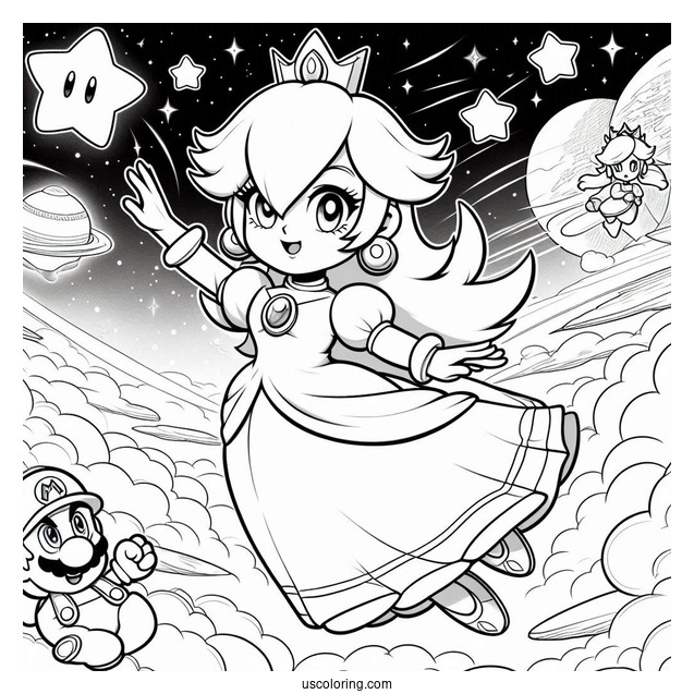 Rosalina Flying In The Sky With Luma, Mario, And Star Fox Coloring Sheet
