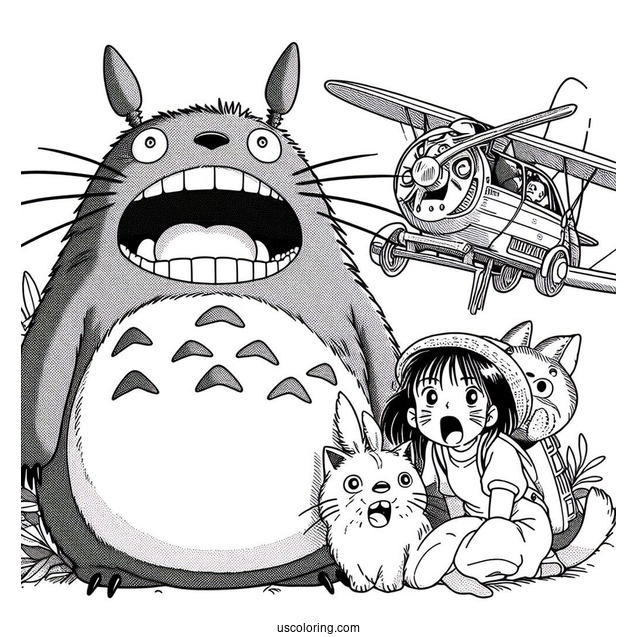 Studio Ghibli Coloring Page of Totoro, Catbus, Mei, And Satsuki Screaming