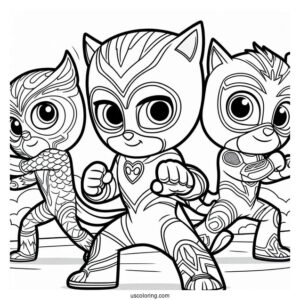 PJ Masks Coloring Page Of Owlette, Catboy, And Gekko In Fighting Stance