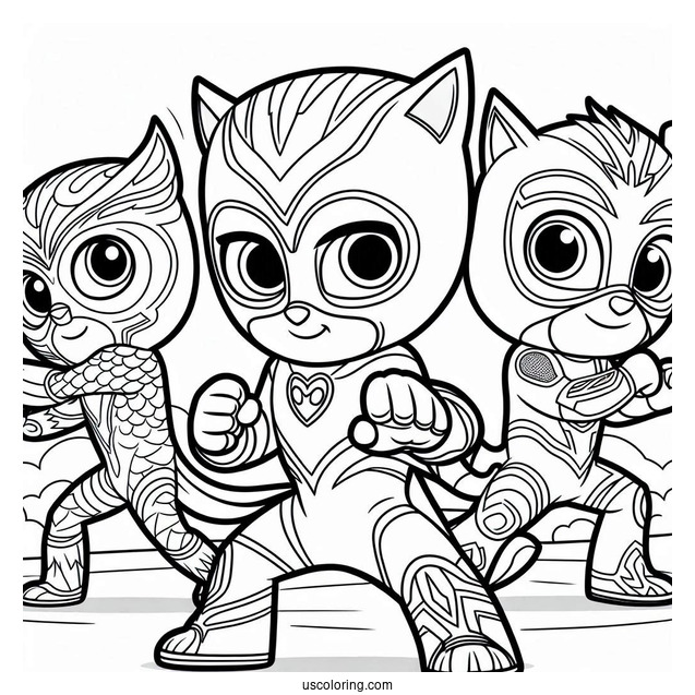 PJ Masks Coloring Page Of Owlette, Catboy, And Gekko In Fighting Stance