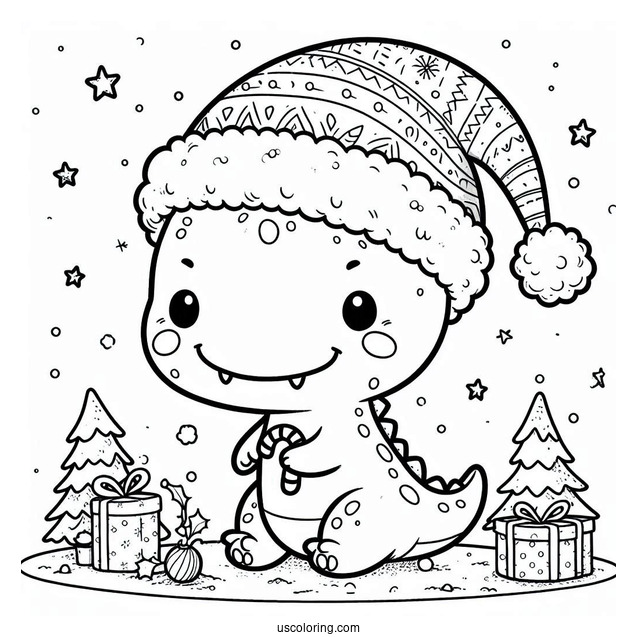 Cute Christmas Themed T-Rex Coloring Page
