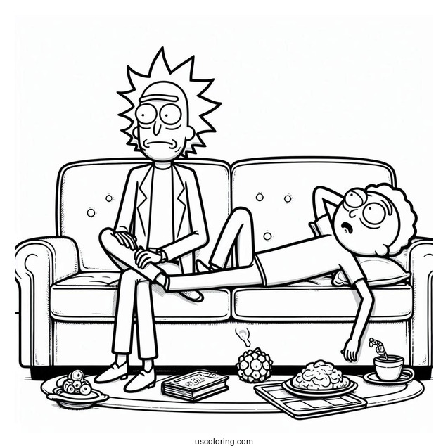 Rick and Morty Coloring Page Of Summer On A Couch Sinking Into The Floor