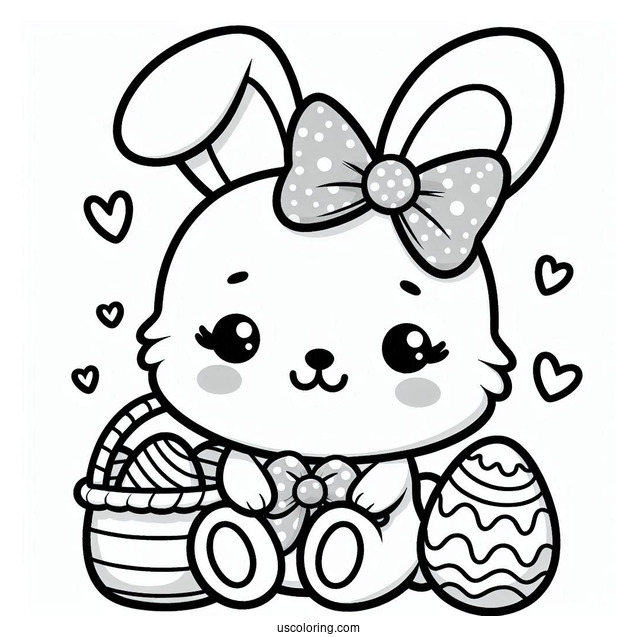 Easter Coloring Page Of Easy Kawaii Easter Bunny With Bow For Preschoolers