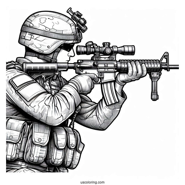 Soldier Coloring Page With Rifle Getting Ready To Shoot