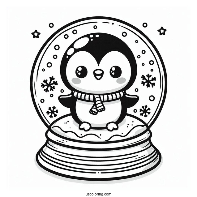 Kawaii Penguin Inside A Snow Globe Coloring Page For Preschoolers