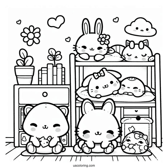 Kawaii Little Animals Resting In A Room Coloring Sheet