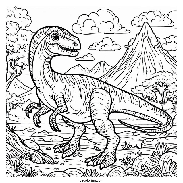 Scary Troodon In The Mountain Coloring Page