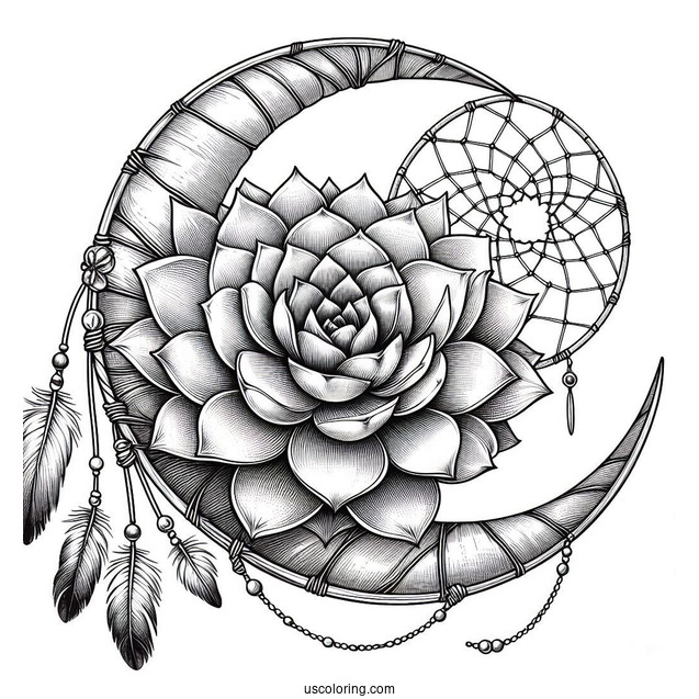 Succulent Coloring Page On A Crescent Moon Dreamcatcher