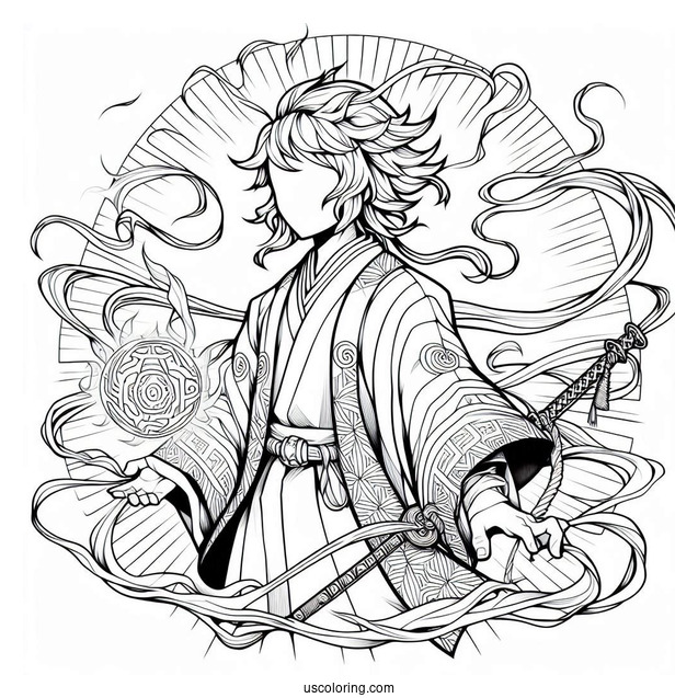 Powerful Tanjiro Coloring Page Summoning Constant Flux With Nichirin Sword