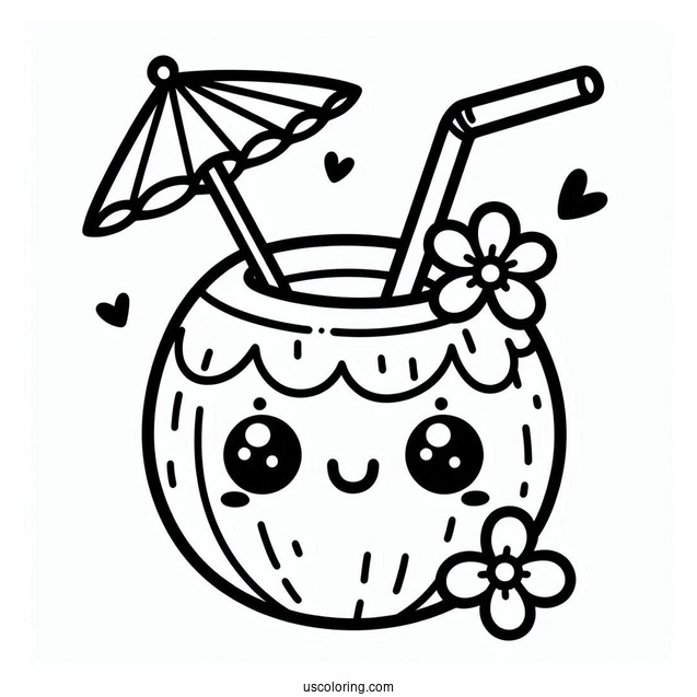 Cute Smiling Coconut Coloring Page Drink With Flower And Mini Umbrella For Kids