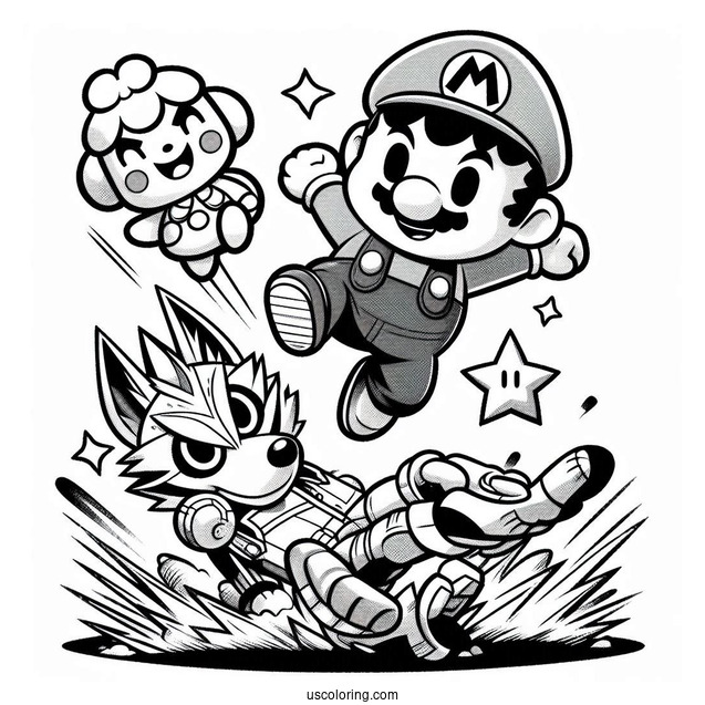 Super Smash Bros Coloring Page Of Animal Crossing Villager Leaping Over Mario And Star Fox