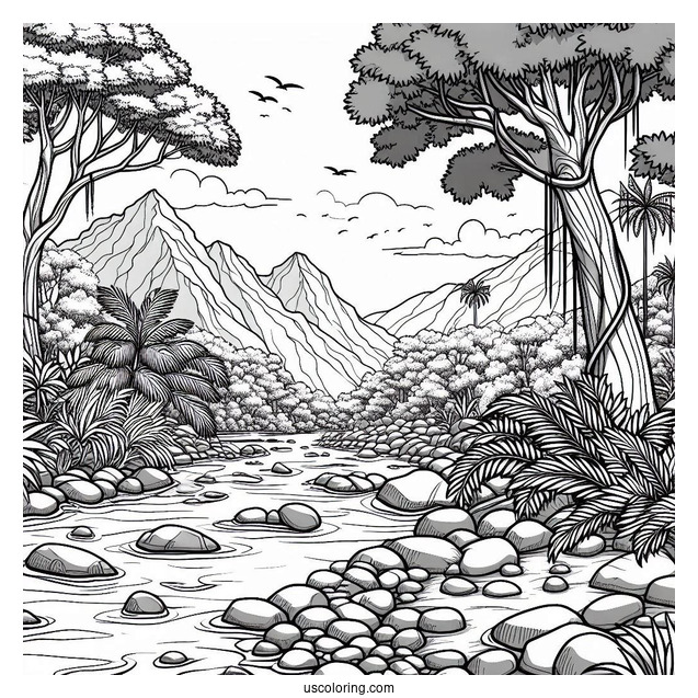 Detailed River And Rocky Terrain Of Jungle Coloring Page