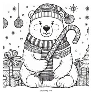 Big Polar Bear With Christmas Candy Canes Coloring In