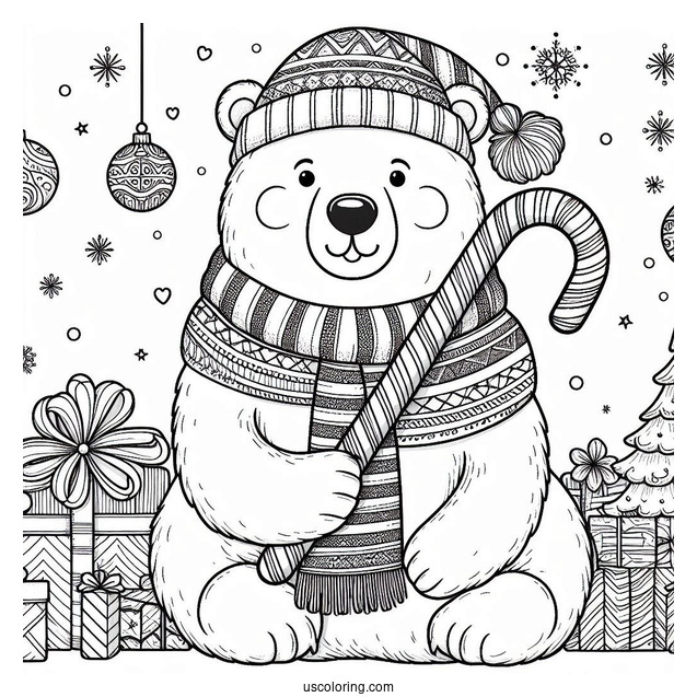 Big Polar Bear With Christmas Candy Canes Coloring In