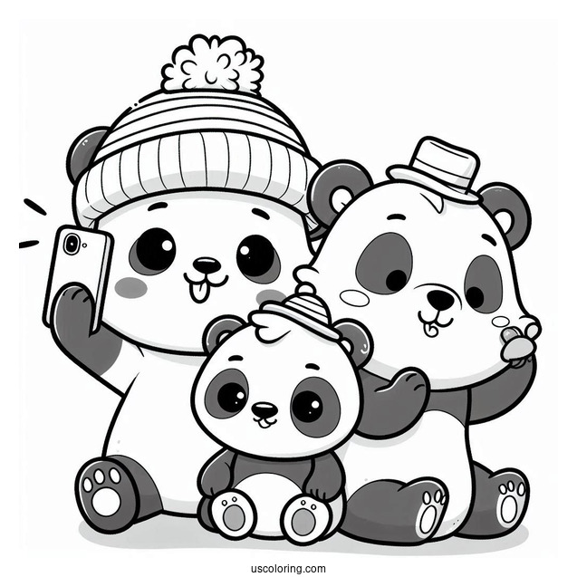 Cartoon Bear Coloring Page Taking Selfie With Panda And Polar Bear