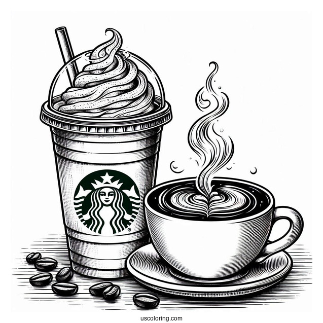 Realistic Starbucks Frappe And Hot Coffee Coloring Page