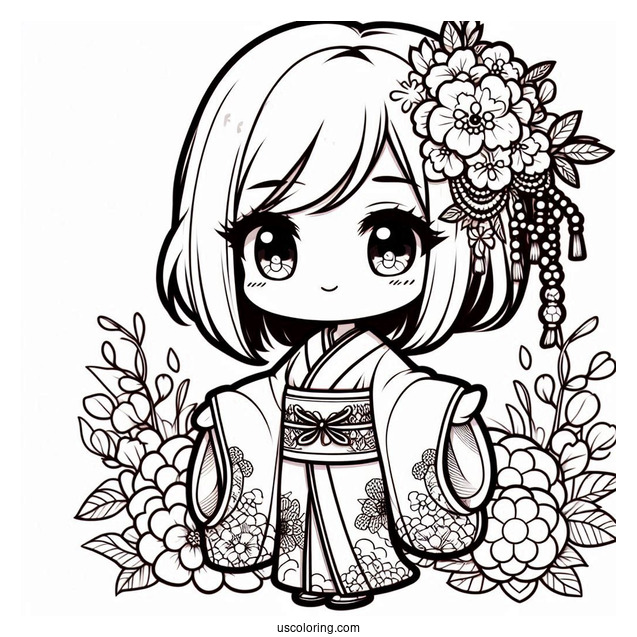 Beautiful Chibi Girl In A Kimono Coloring Page