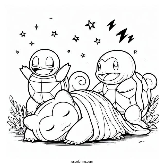 Squirtle And Lilligant Fighting On Stop Of Sleeping Snorlax Coloring Page